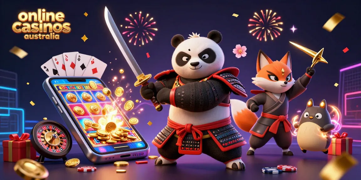 Engage with online casinos Australia through this dynamic 3D illustration featuring a samurai panda, ninja fox, and magical tanuki.