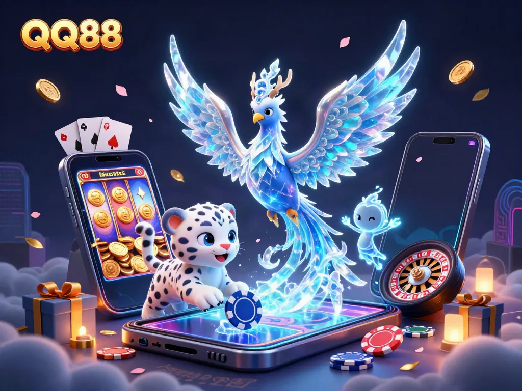 Experience the thrill of QQ88 with an ice phoenix and playful cub in a vibrant casino scene