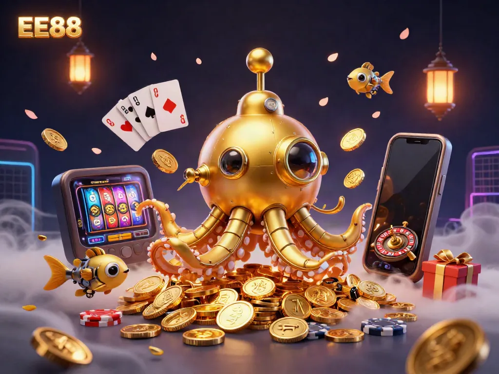 Experience the thrill of EE88 with a vibrant 3D illustration of a golden kraken submarine among colorful slot games, coins, and cards.