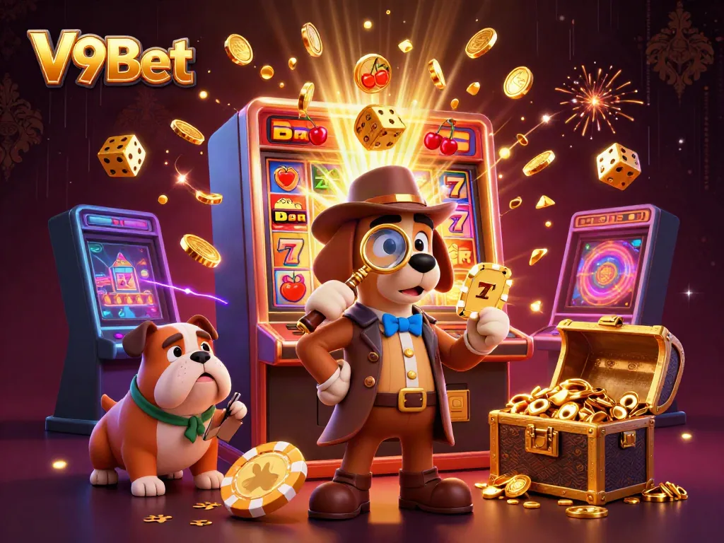 Experience thrilling gameplay at V9Bet with detailed casino scenes featuring detectives and treasure.