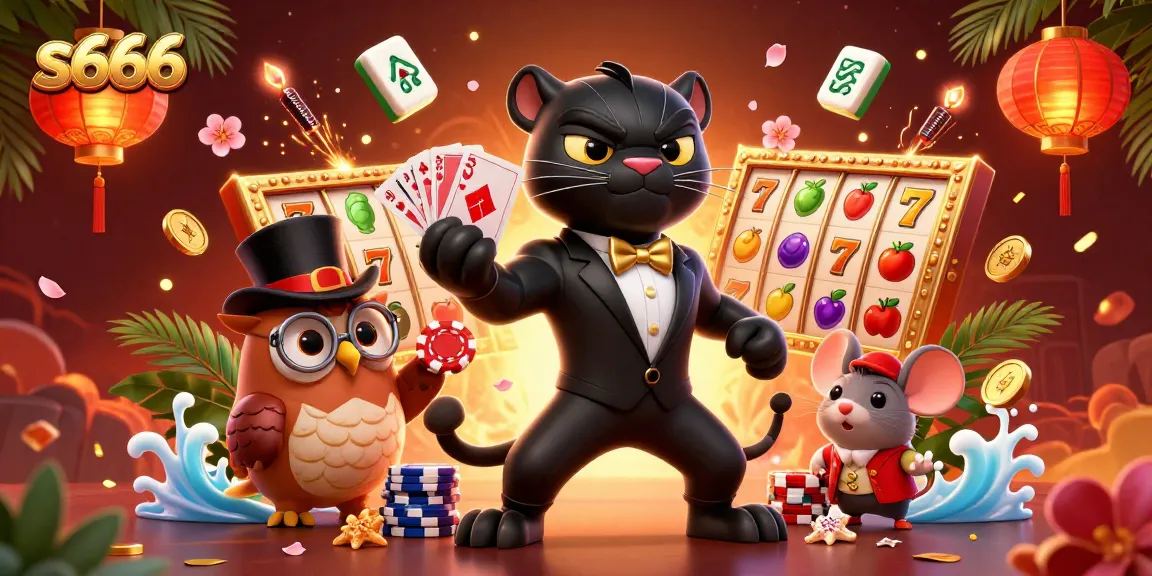 S666 brings players an exciting atmosphere with a panther, owl, and mouse participating in a vibrant casino game.