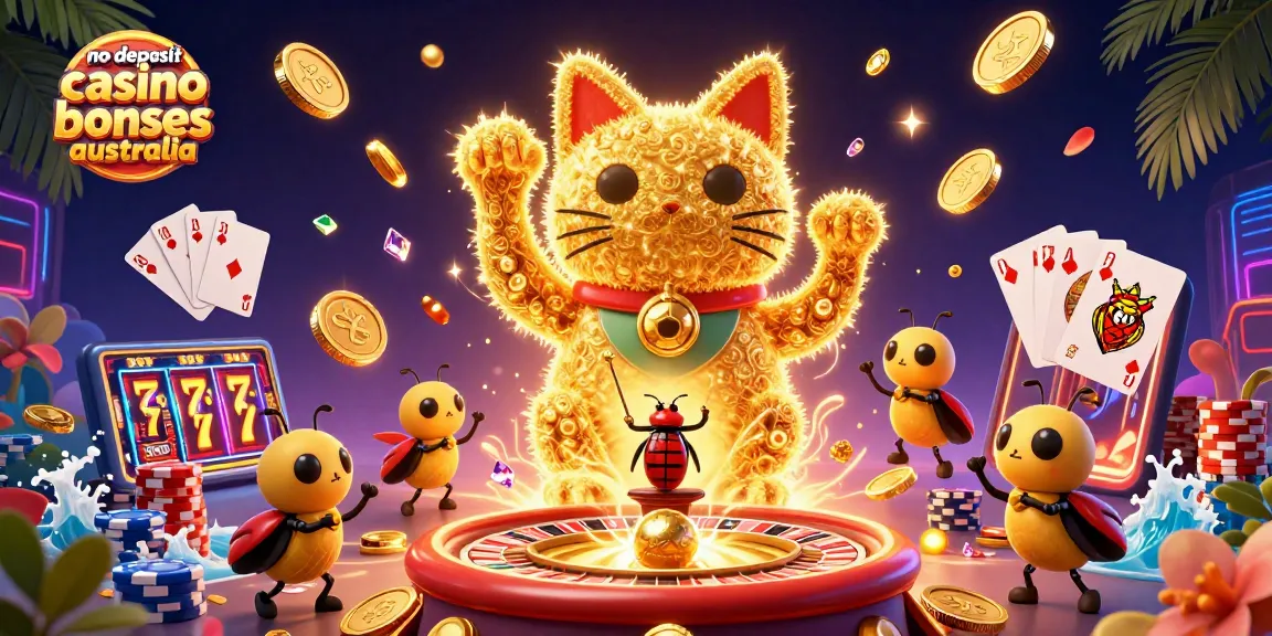 No deposit casino bonuses Australia celebrated with a dynamic illustration featuring a lucky cat and casino symbols.