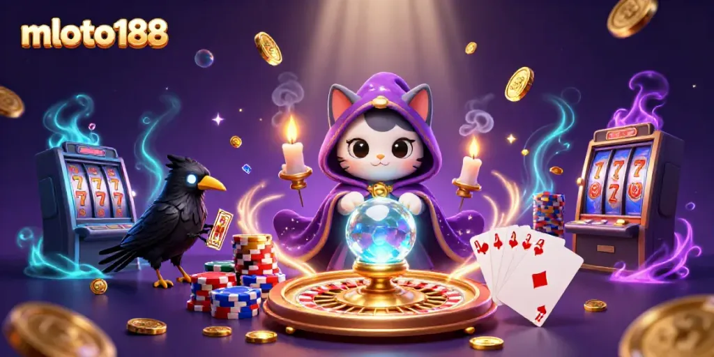 Join the magical experience with mloto188, featuring an engaging scene of casino elements and fortune-telling characters.