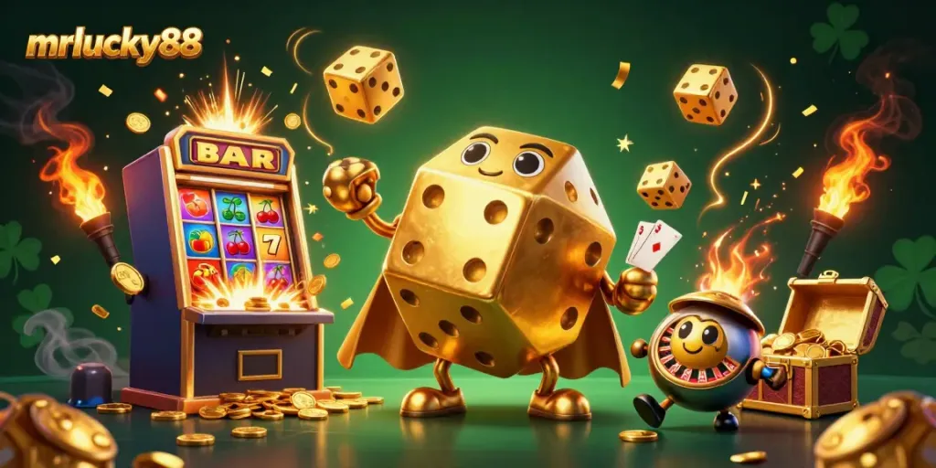 Experience thrilling wins and vibrant games at mrlucky88 online casino featuring dazzling slot machines and golden dice.