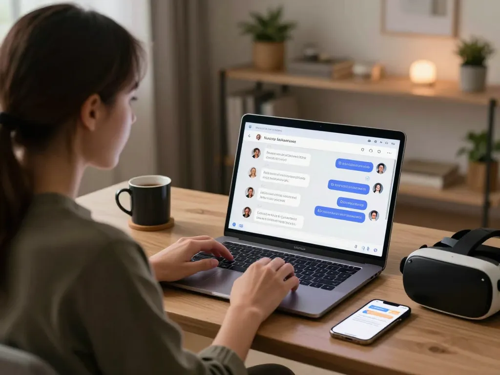 User engaged in ai sex chat with a customizable AI chatbot in a cozy home office setting.