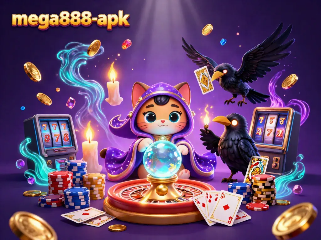 Experience mega888-apk with a mystical scene of fortune teller cat and raven amid vibrant casino elements.