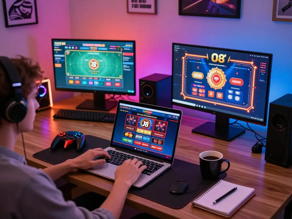 Player exploring O8 online casino, engaging in dynamic gameplay with a vibrant setup, creating an inviting space.
