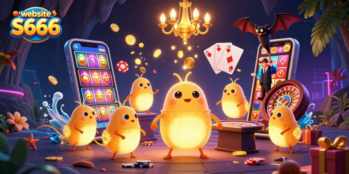 Witness the vibrant spectacle of the website S666 casino, illuminated by glowworm characters and featuring exciting game elements.