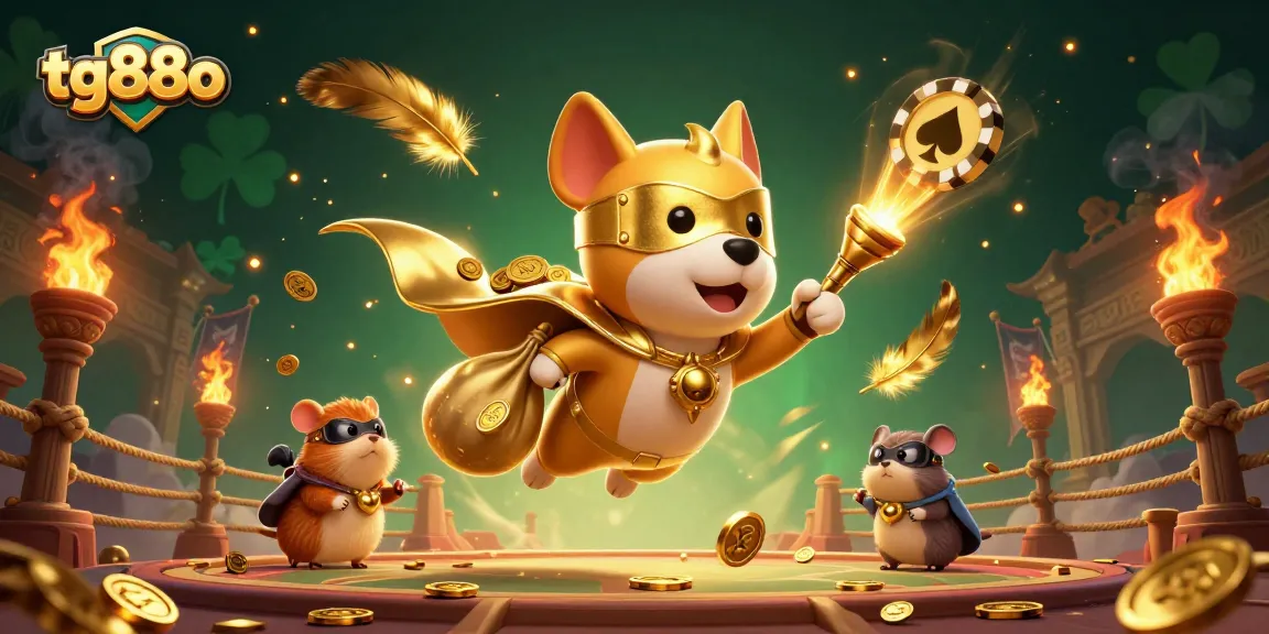 Experience thrilling adventures at tg88o with a superhero dog and gold coins in a dynamic casino scene.