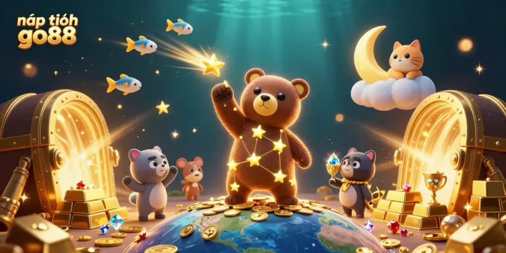Engage with the vibrant scene of the nạp tiền go88 experience, featuring a constellation bear and shooting star fish amidst gold treasures.