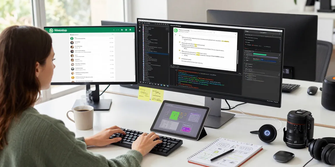 Woman using WhatsApp網頁版 on a computer in a modern tech workspace, surrounded by screens and gadgets.