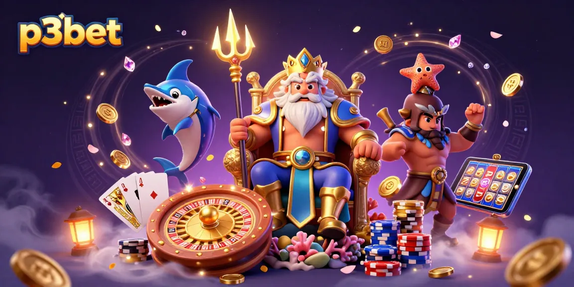 Experience thrilling fun at p3bet with Neptune, samurai, and treasure in a vibrant casino backdrop.