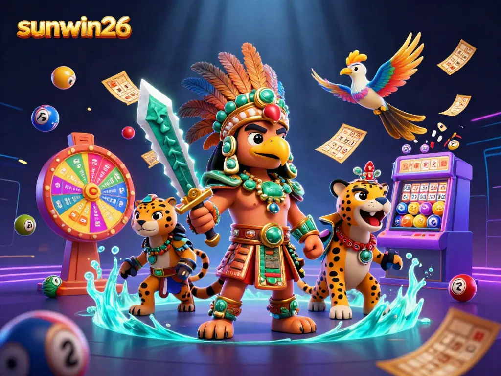 Engage with the gaming scene at sunwin26, featuring lottery elements and dynamic characters in a casino setting.