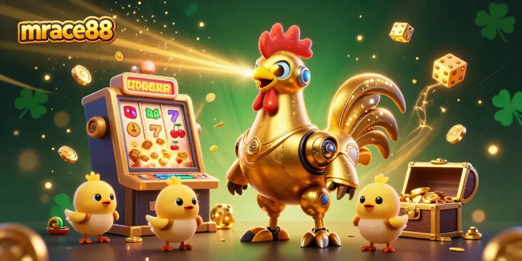 Experience excitement at mrace88 with a dynamic 3D casino scene featuring a golden rooster robot amidst jackpot winnings and colorful games.