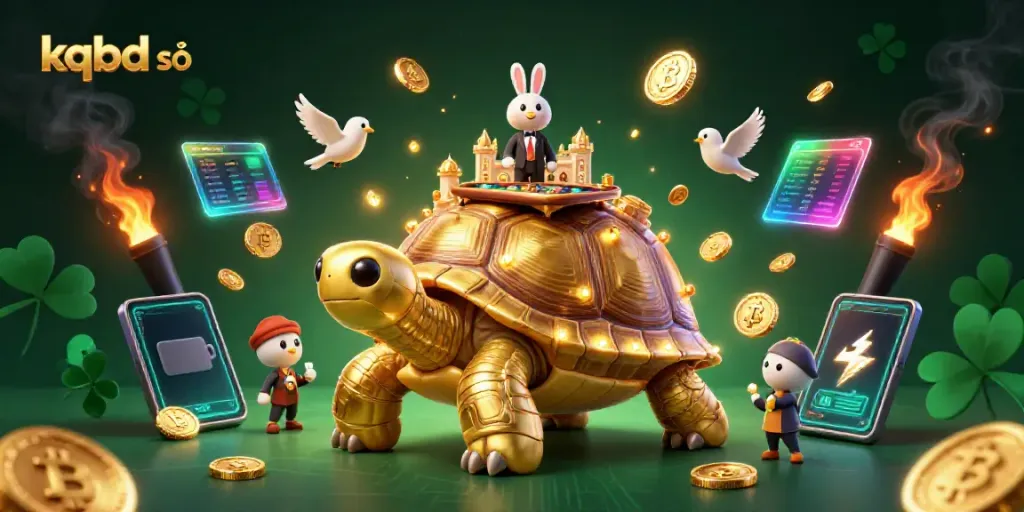 Engage with kqbd số results, featuring a cartoon golden tortoise casino with dynamic gaming elements.