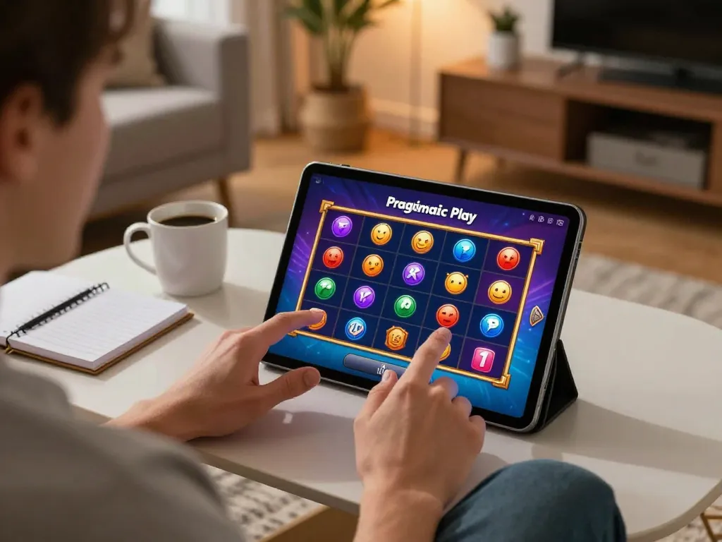 Person enjoying engaging Pragmaticplay slots on a tablet in a cozy living room setting.