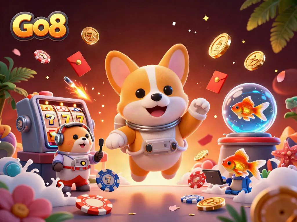 Experience the Go8 casino adventure with a corgi astronaut and colorful slot reels.