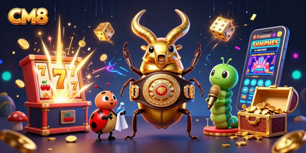 Experience thrilling CM8 gaming action with cartoon characters in a dynamic casino scene.