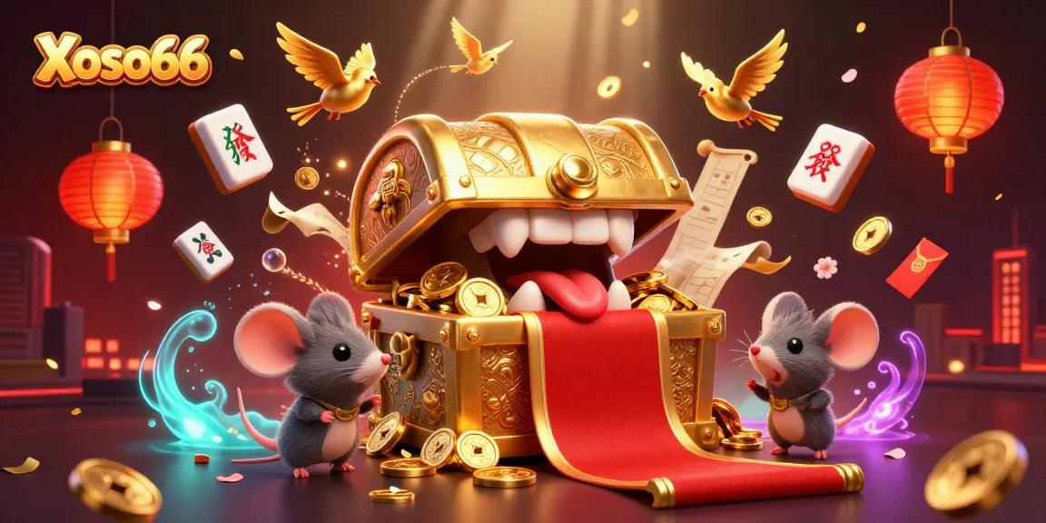 Xoso66 lures players with 3D treasure chest, showcasing vibrant casino games and festive elements.