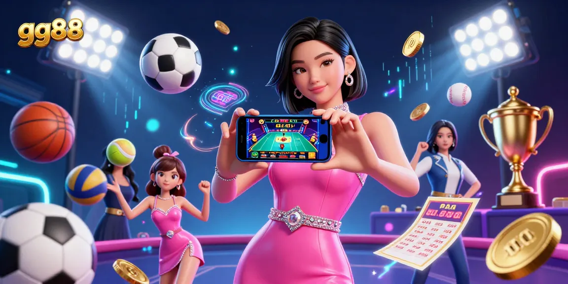 Experience the excitement of online gaming with gg88's vibrant 3D illustration of a confident Asian woman engaging in a live dealer game.