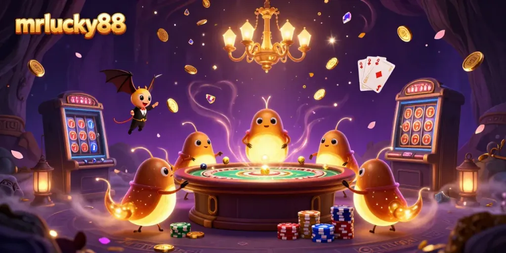 Engage in vibrant gaming experiences at mrlucky88 online casino with animated glowworms and a bat dealer.