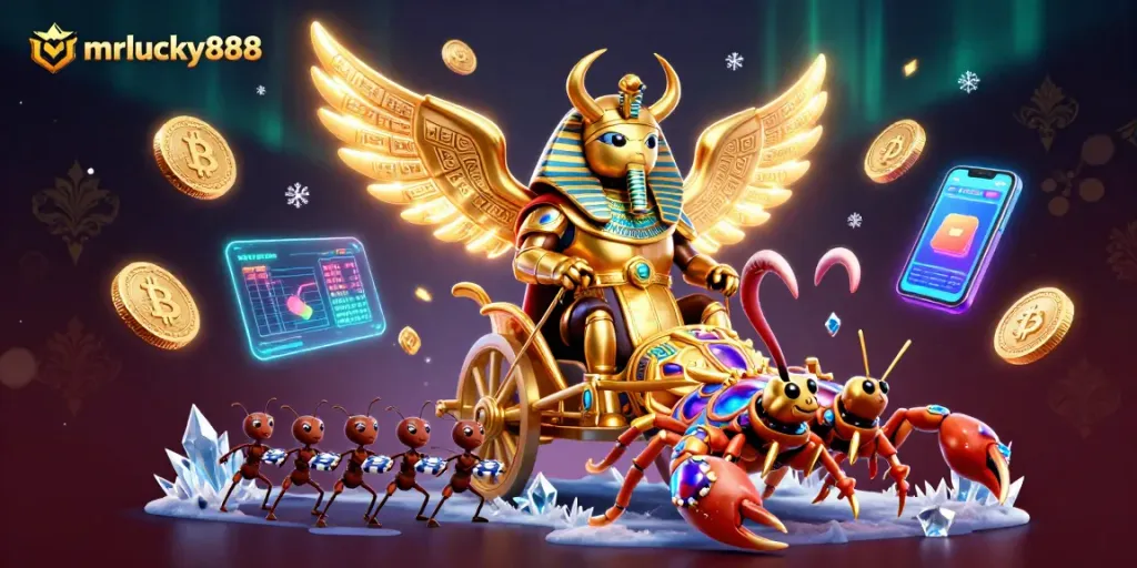 Experience the thrill of mrlucky888 with a 3D cartoon scene featuring rich gold decor and animated gaming elements.