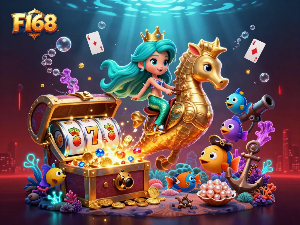 F168 slots attract gamblers with a mermaid riding a seahorse, surrounded by treasures and floating cards.