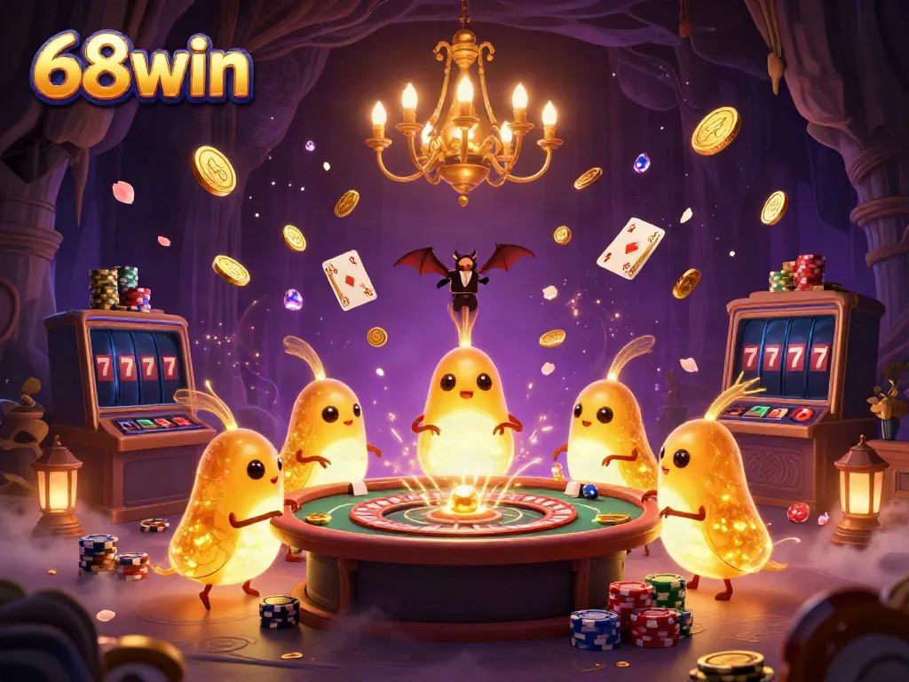 Witness the vibrant glow of 68win casino with animated glowworms and a whimsical bat dealer.