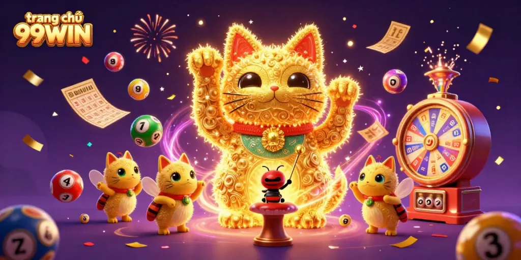 Engage with the stunning 3D illustration featuring trang chủ 99WIN's lucky cat, bingo, and vibrant casino symbols.