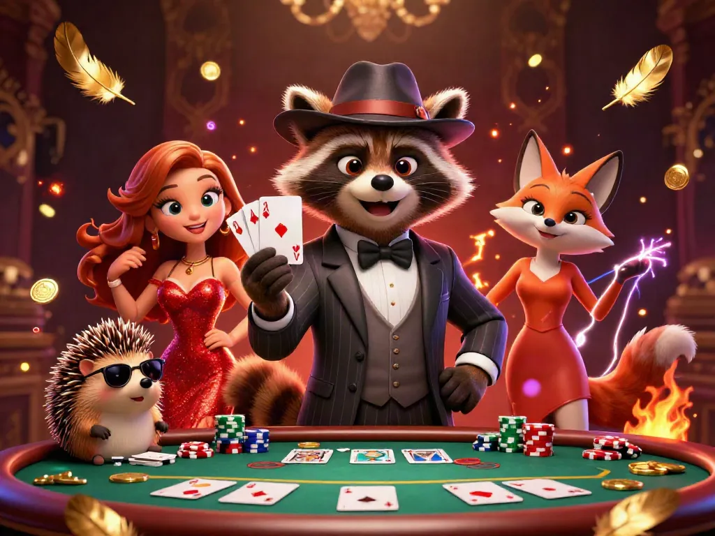 Experience the excitement of mv66 with a suave raccoon and lady fox in a lively poker scene.