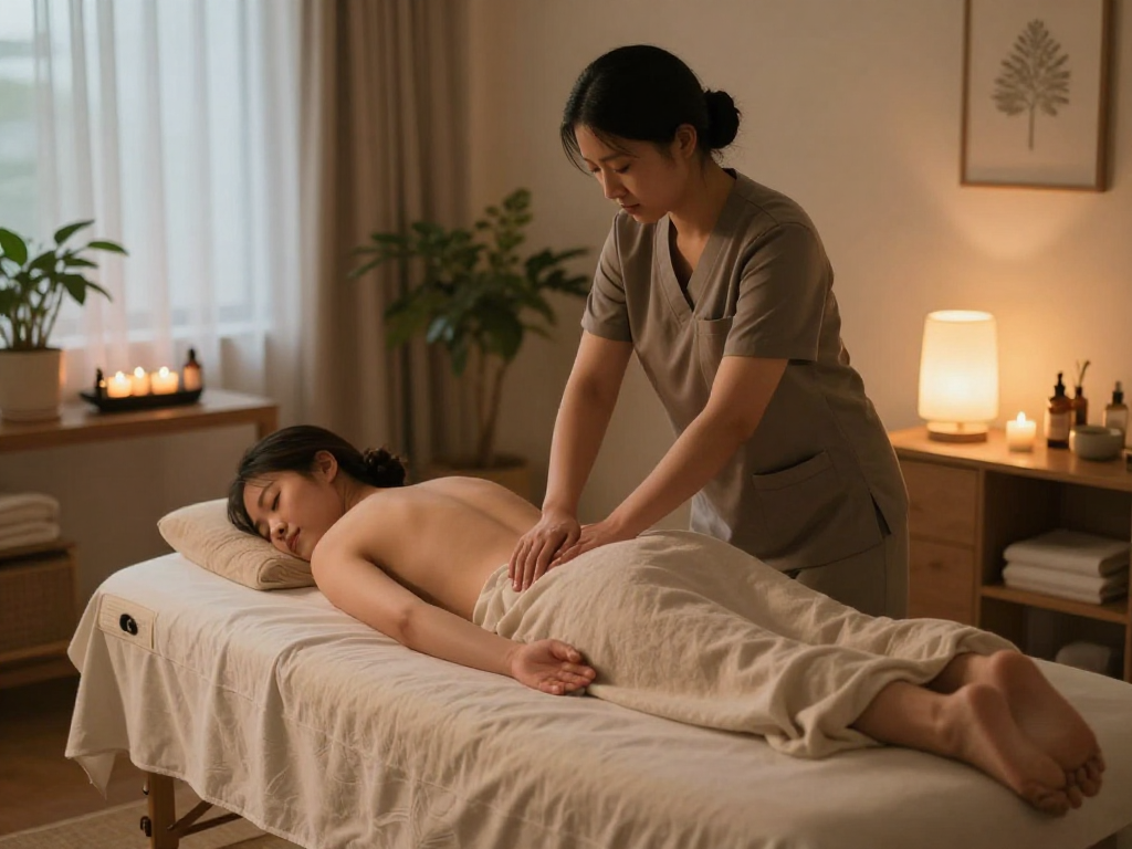 Relaxing 일산출장안마 scene with soothing massage therapy and calming atmosphere.