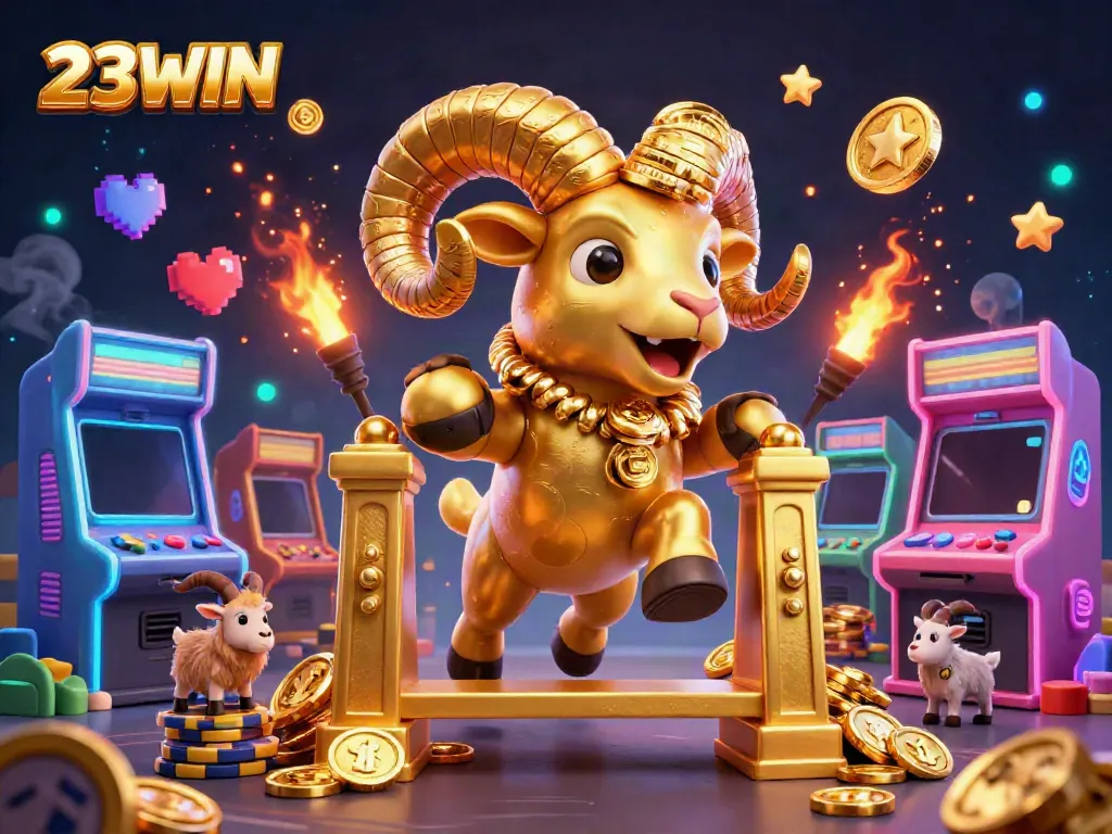 Experience exciting gameplay with 23WIN amidst vibrant gaming and casino elements in this dynamic 3D illustration.