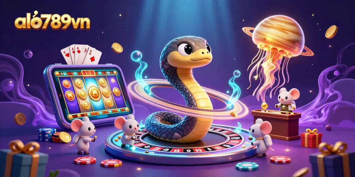 Astronaut mice place bets on alo789vn's snake roulette wheel, with vibrant cosmic elements.