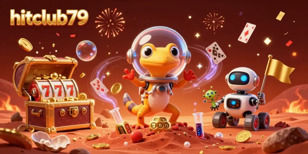 Experience excitement at hitclub79 with a cartoon Martian gecko discovering a golden casino in space.
