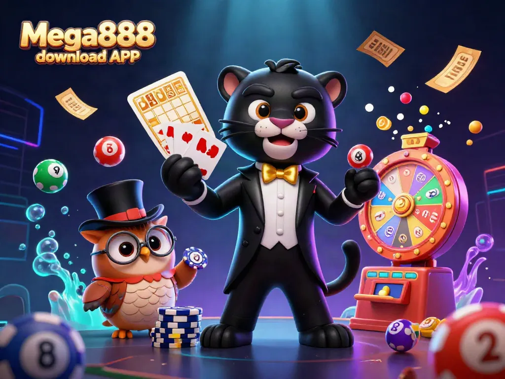 Engage with Mega888 download APK through dynamic casino-themed 3D illustration.