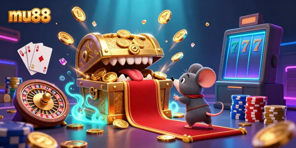 Experience excitement with mu88's treasure chest scene surrounded by dynamic casino elements.