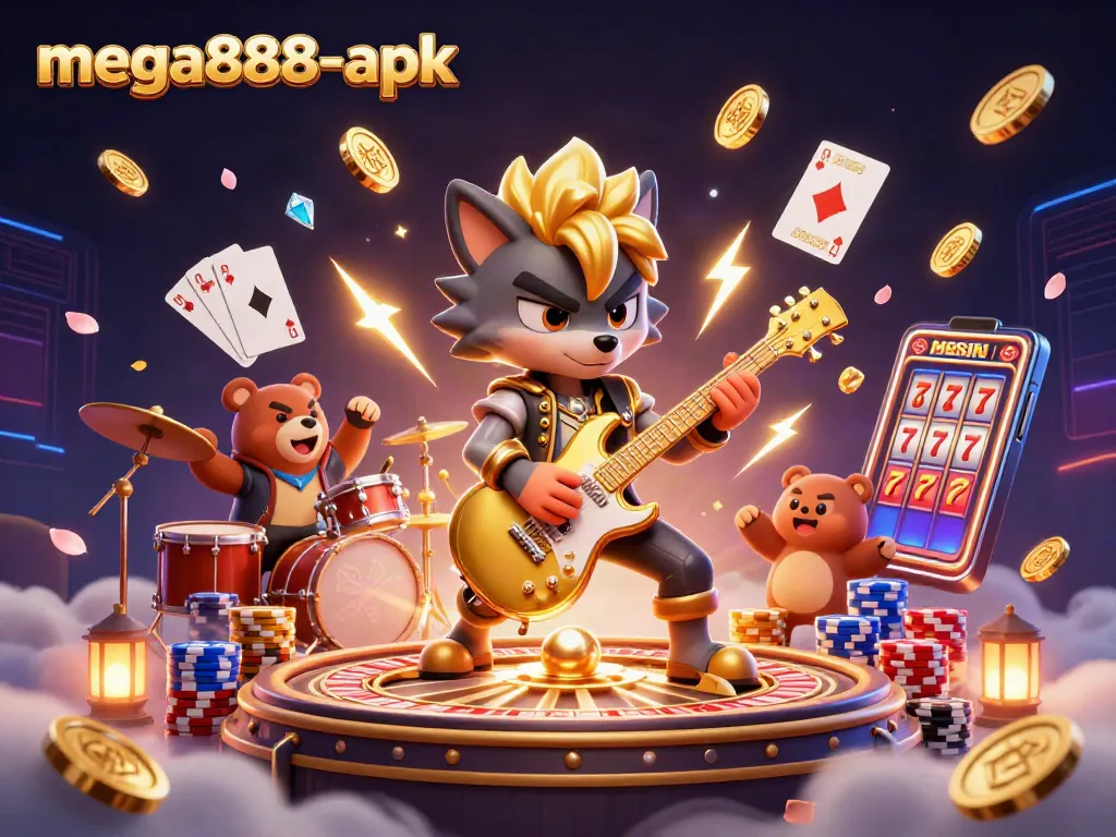 Experience mega888-apk excitement with a rock star wolf and casino elements in this dynamic illustration.