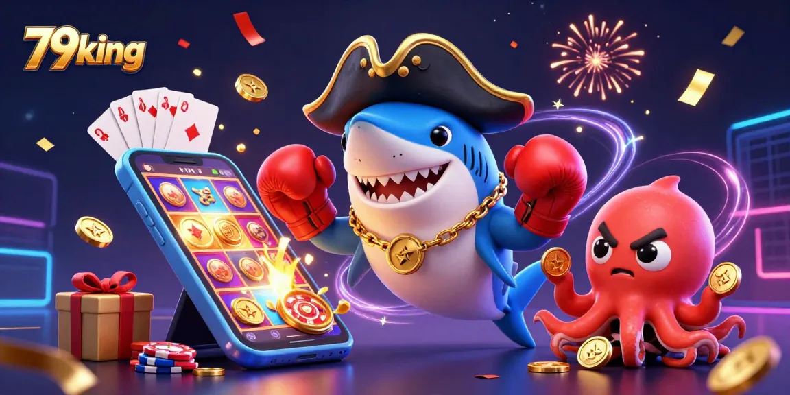Spin the reels and win big with 79king’s exciting casino games featured in this colorful scene!
