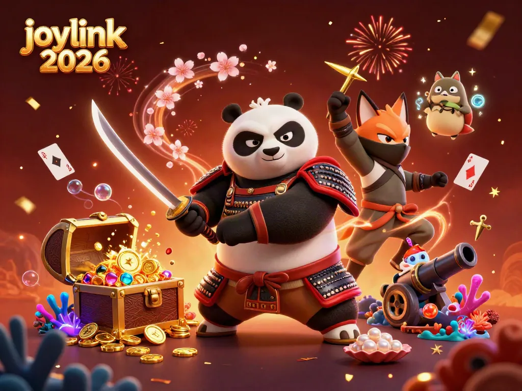 Experience exciting moments of joylink 2026 with samurai panda and ninja fox in a vibrant casino setting.