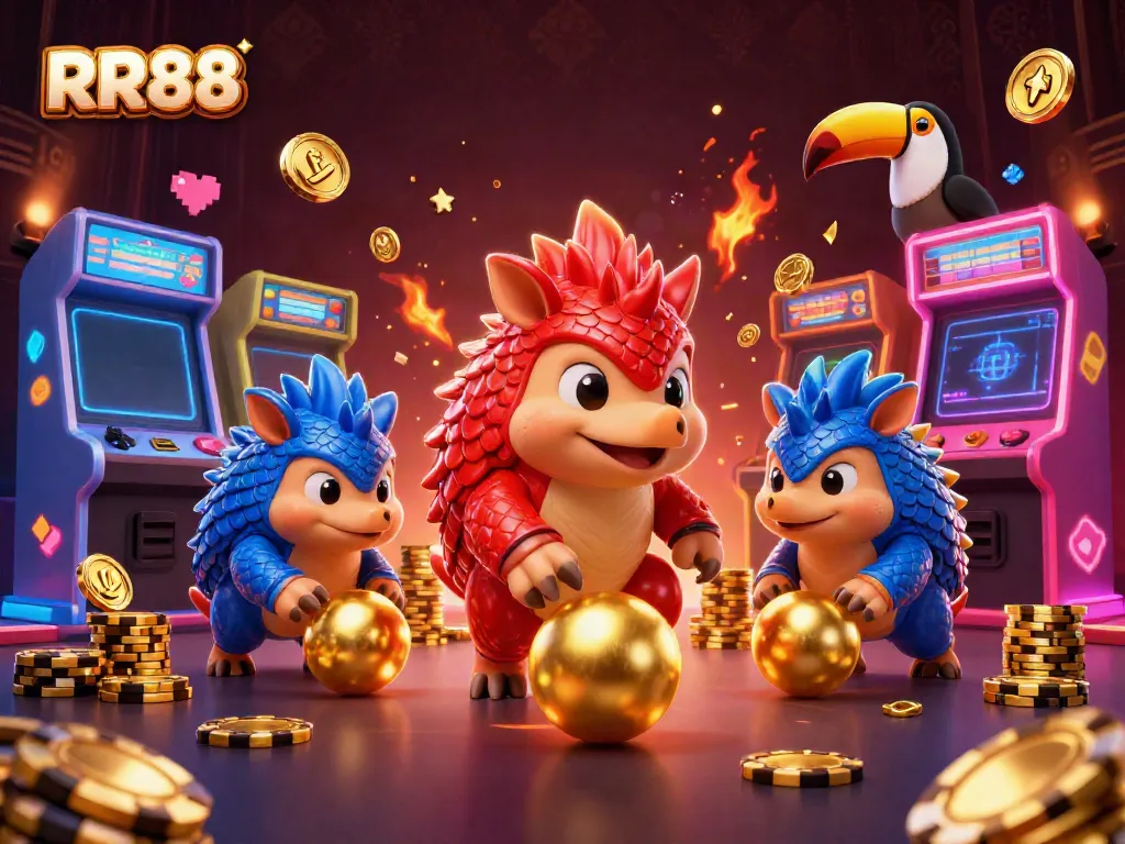 RR88 pangolins compete in a dynamic casino-themed game, showcasing vibrant 3D elements.
