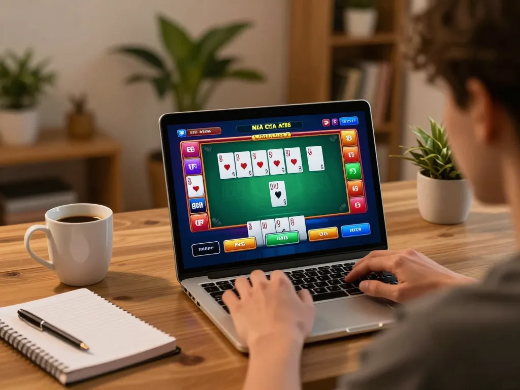 Person engaging with Nhà cái af88 online gaming setup on laptop, showcasing a dynamic poker game.