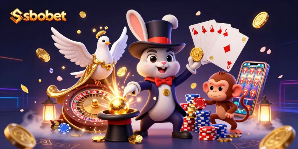 Menang dengan sbobet melalui gambar karakter permainan kasino, kelinci, dan dadu yang menggemaskan.