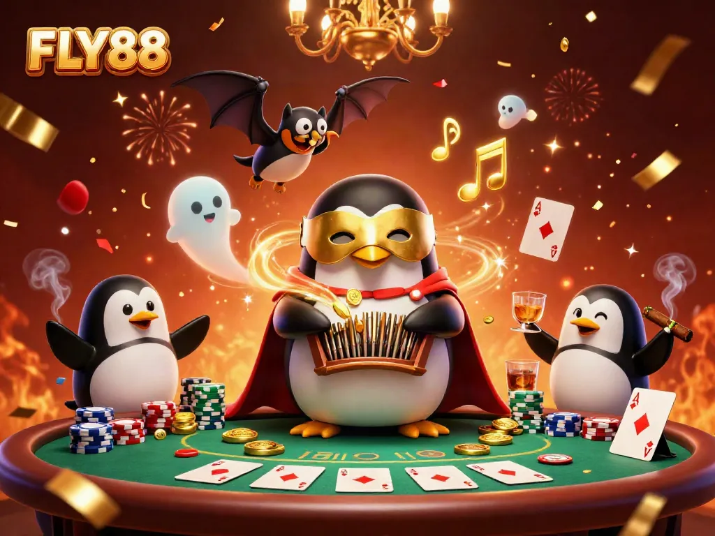 FLY88 penguin plays an organ, shooting golden coins amidst vibrant casino decor.