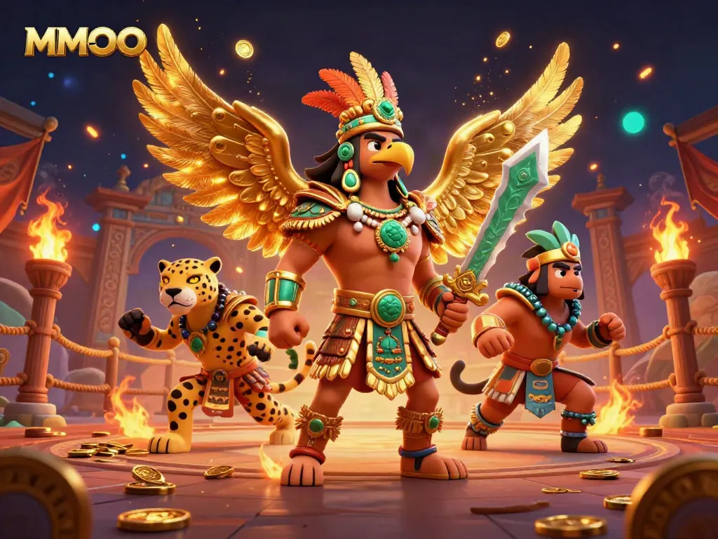 Experience MMOO with a vibrant illustration of Aztec warriors in a dynamic casino setting.
