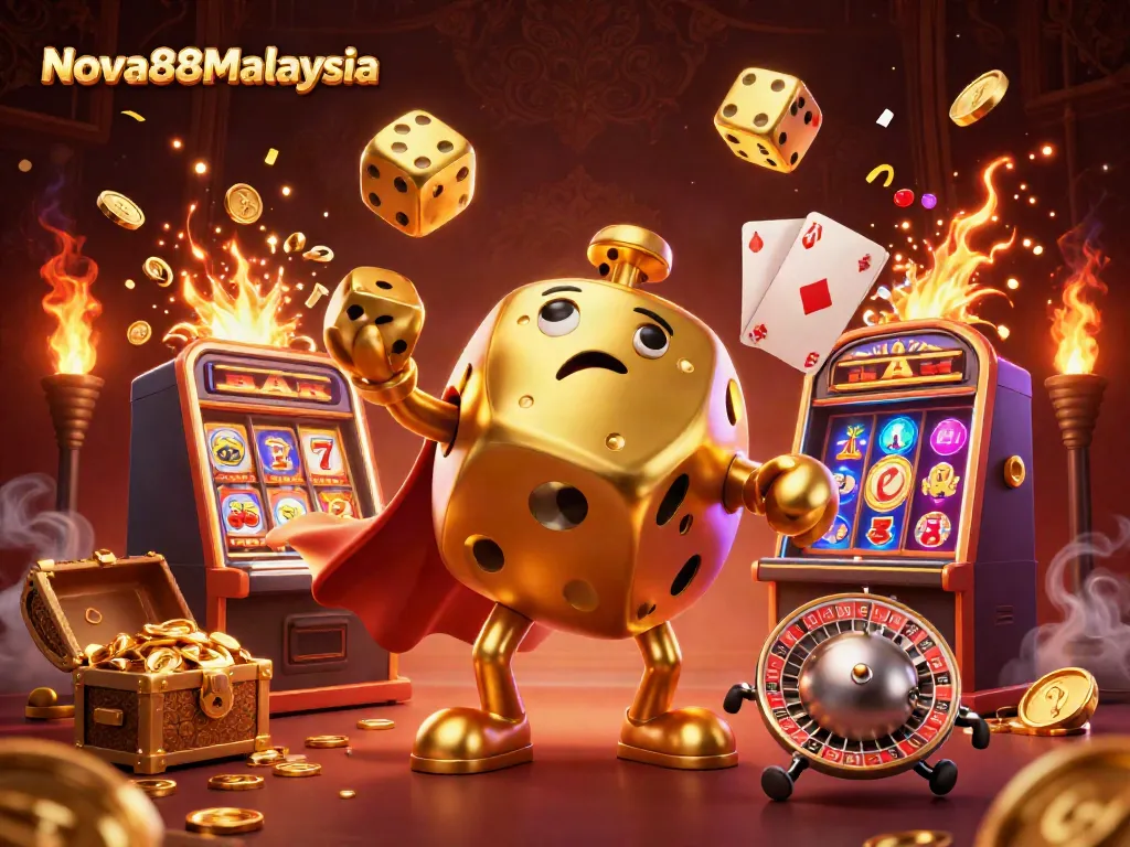 Play exciting games with Nova88Malaysia featuring a dynamic scene of gaming characters and activities.