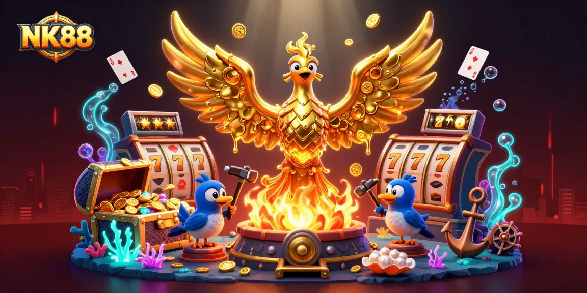 Engage with the dynamic gaming world of NK88, featuring a vibrant 3D illustration of a golden phoenix amidst casino elements.