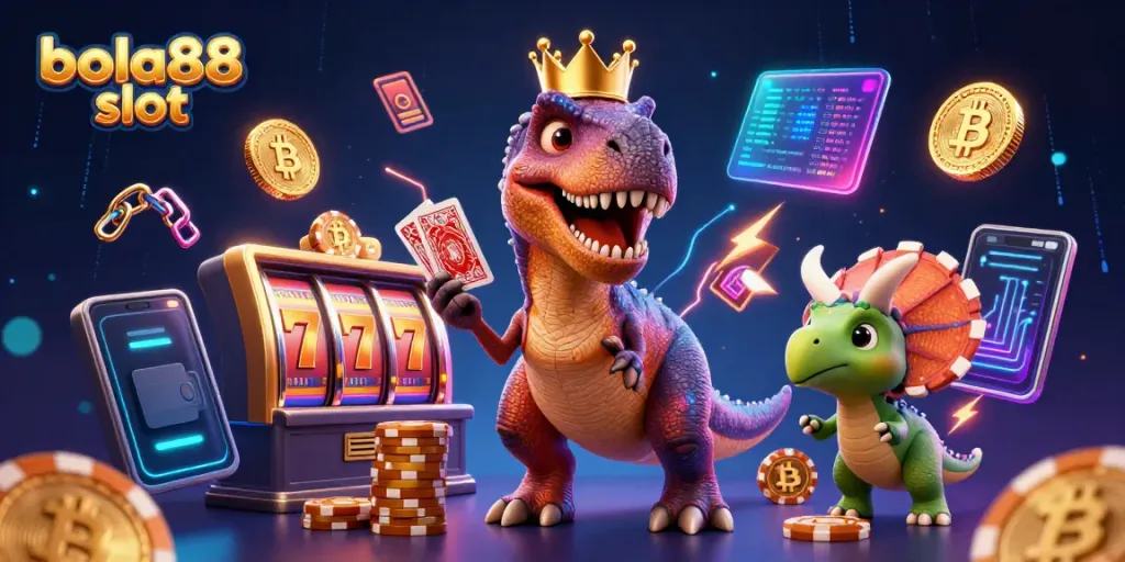 Engage in thrilling gameplay with bola88 slot featuring a friendly T-Rex and animated casino elements.