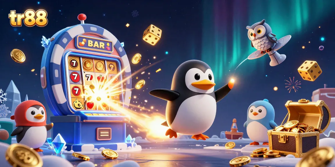 Experience thrilling adventures with tr88’s golden penguin flying towards a vibrant casino space station.