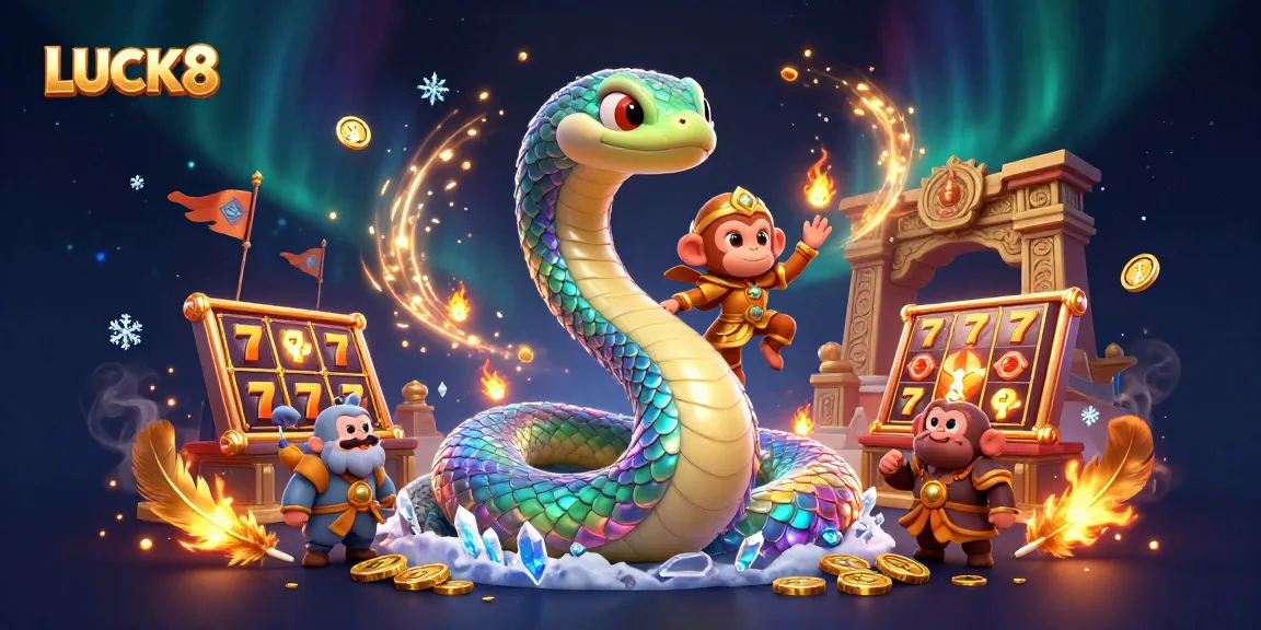 LUCK8 captures vibrant casino energy with a rainbow serpent and monkey king amid dazzling slot reels.