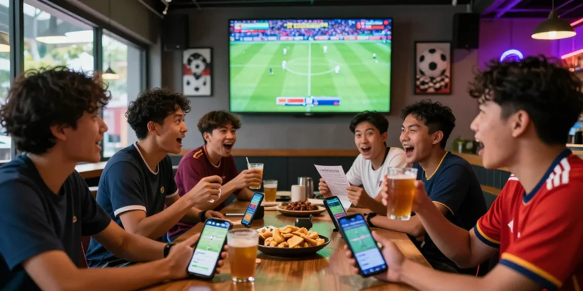 Football betting Malaysia lively scene with friends enjoying a match in sports bar.